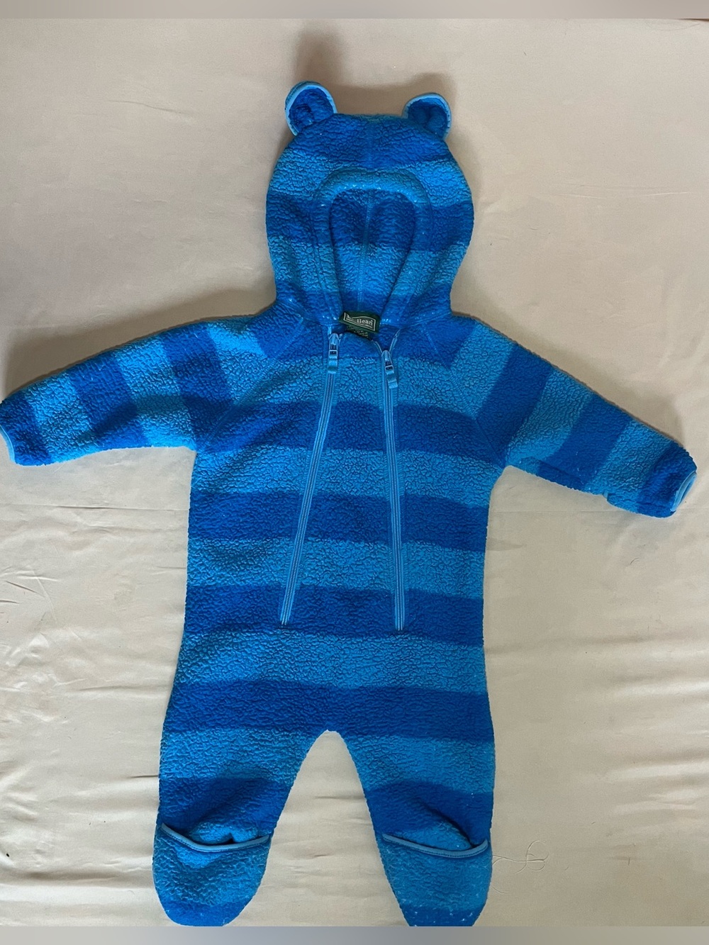 LL Bean Baby Fleece Bunting Snowsuit 6-12 Months Blue Striped Bear Ears Hood
